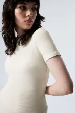 Weekday SHEER RIB SHORT SLEEVE T-SHIRT white Clearance