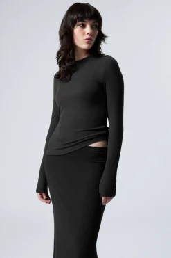 Weekday SHEER RIBBED LONG SLEEVE TOP dark grey New