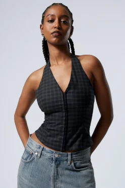 Weekday SHORT HALTERNECK TOP dark blue check Sale