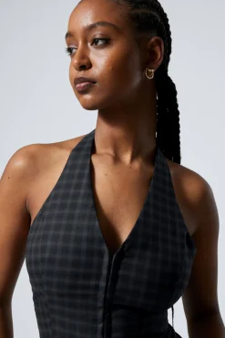 Weekday SHORT HALTERNECK TOP dark blue check Sale