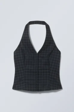 Weekday SHORT HALTERNECK TOP dark blue check Sale