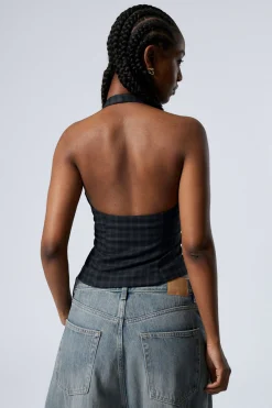 Weekday SHORT HALTERNECK TOP dark blue check Sale