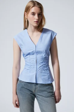 Weekday SLEEVELESS GATHERED POPLIN TOP light blue Shop