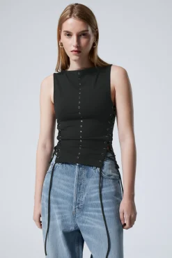 Weekday SLEEVELESS LACING BOAT-NECK EYELET TOP black Outlet