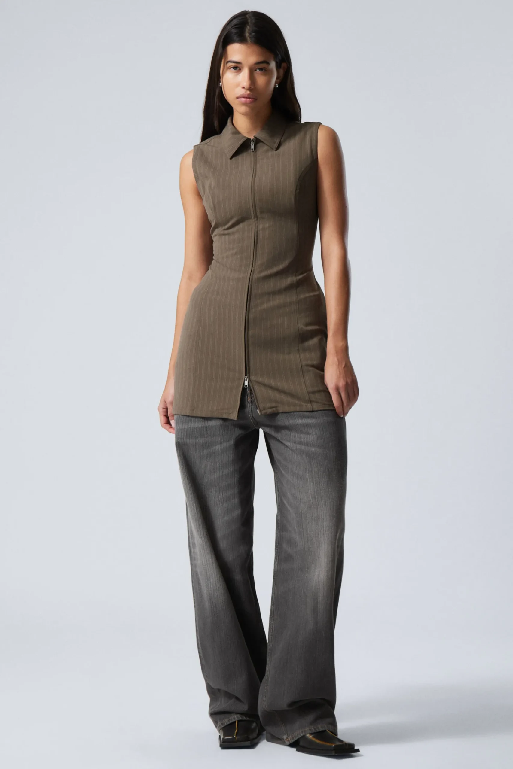 Weekday SLEEVELESS MINI SUITING ZIP DRESS dark mole stripe Best