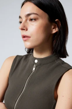 Weekday SLEEVELESS RIBBED ZIP-TOP dark grey Shop