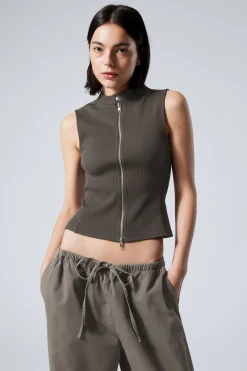 Weekday SLEEVELESS RIBBED ZIP-TOP dark grey Shop