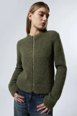 Weekday SLIM KNITTED ZIP CARDIGAN dark khaki green Shop
