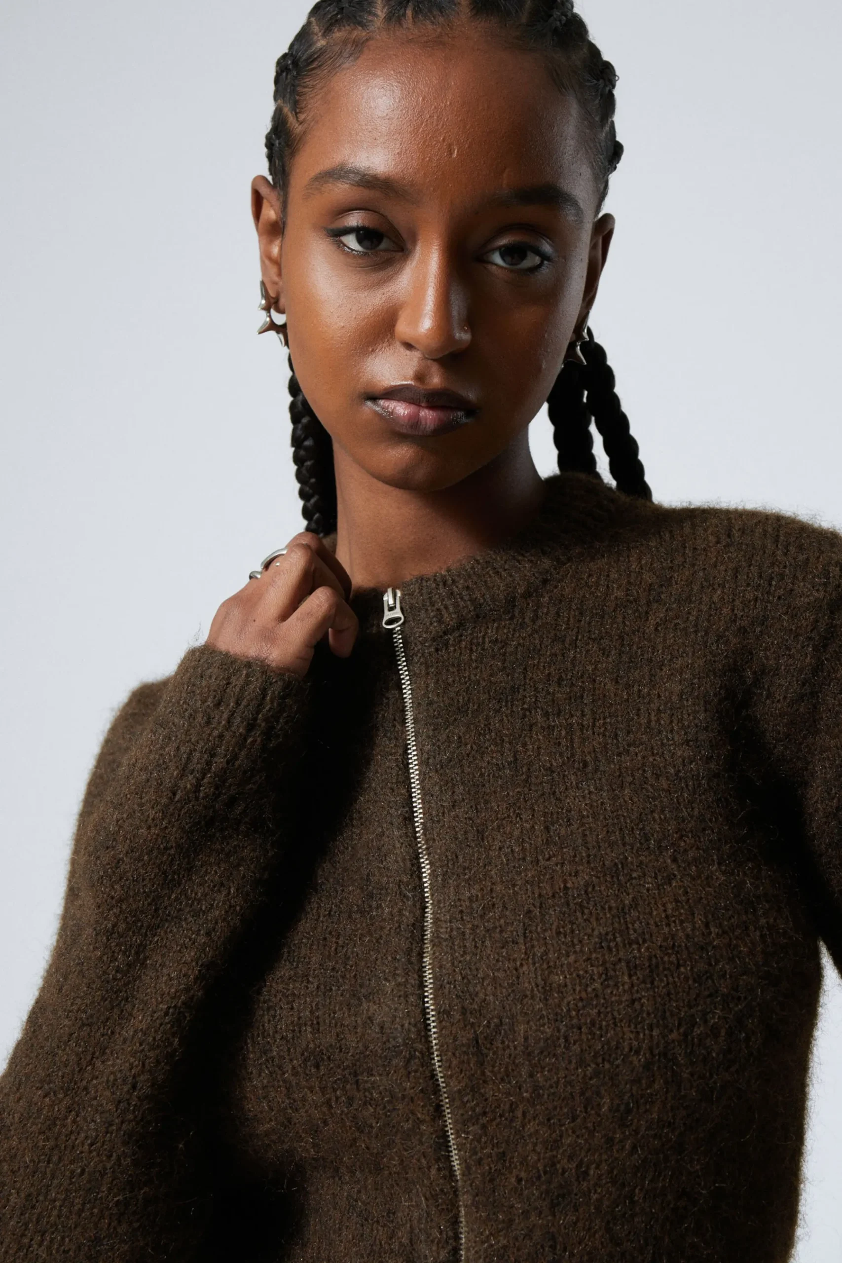 Weekday SLIM KNITTED ZIP CARDIGAN dark brown Store
