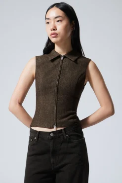 Weekday SLIM ZIP VEST TOP dark brown herringbone Discount