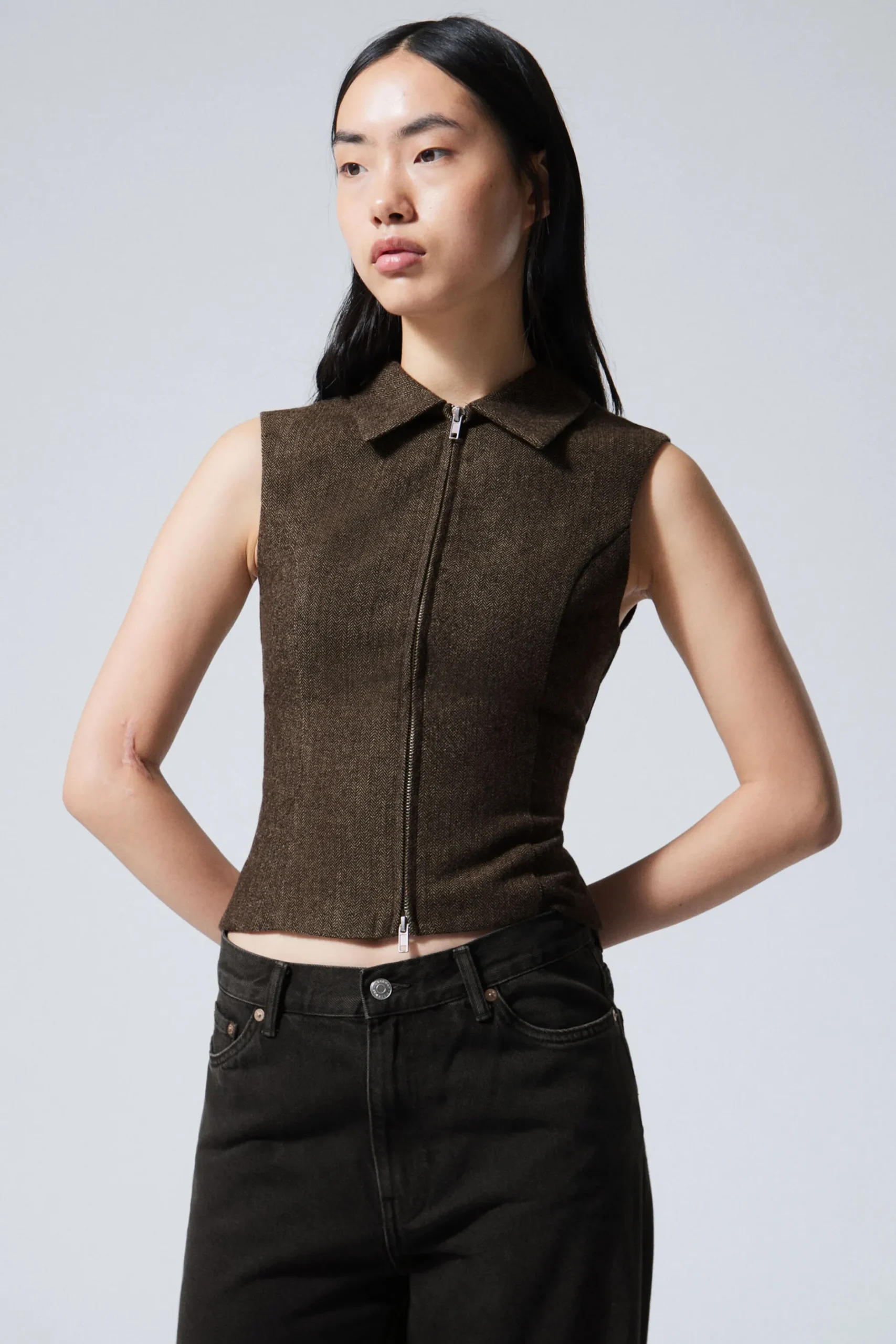 Weekday SLIM ZIP VEST TOP dark brown herringbone Discount