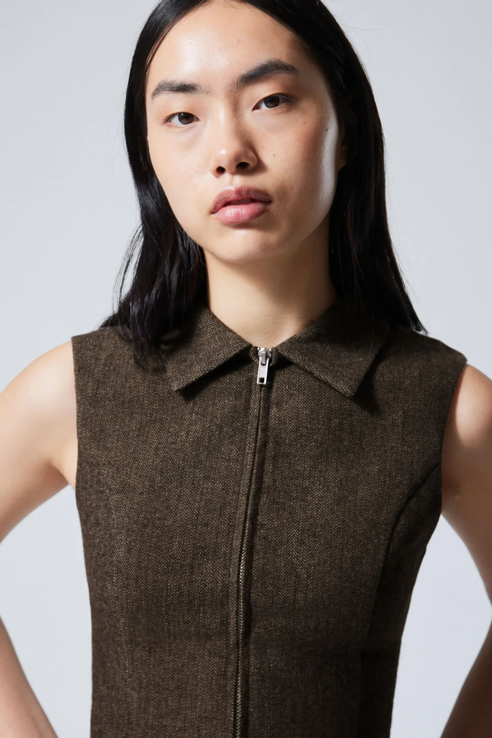 Weekday SLIM ZIP VEST TOP dark brown herringbone Discount