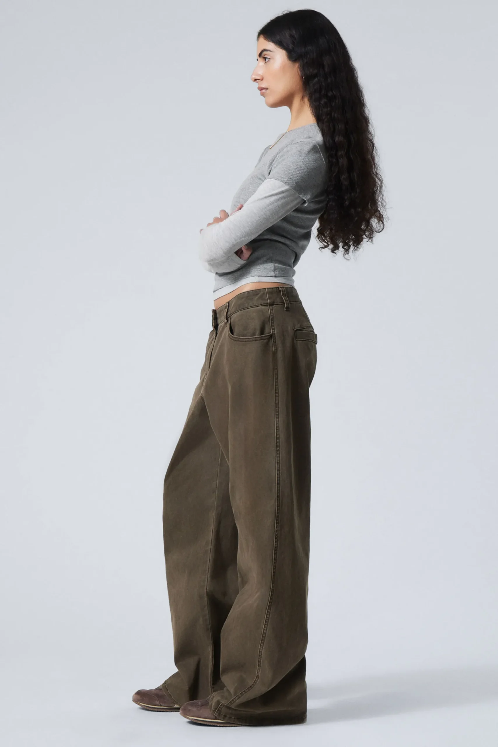 Weekday WASHED WIDE COTTON TROUSERS dark brown Best