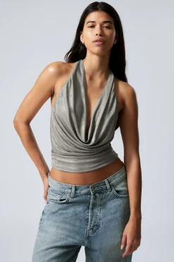 Weekday WATERFALL DRAPE HALTERNECK TOP dusty grey Hot