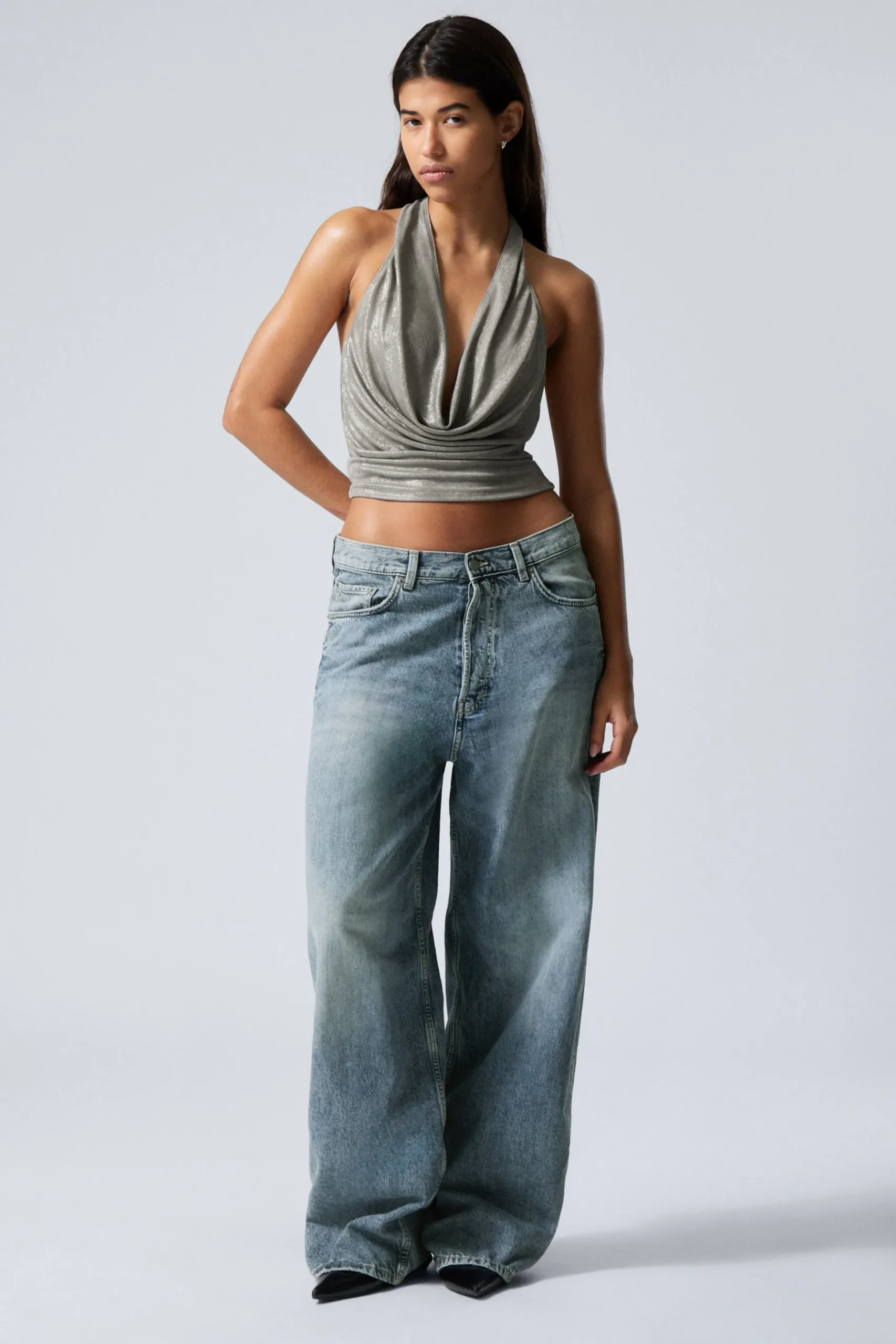 Weekday WATERFALL DRAPE HALTERNECK TOP dusty grey Hot