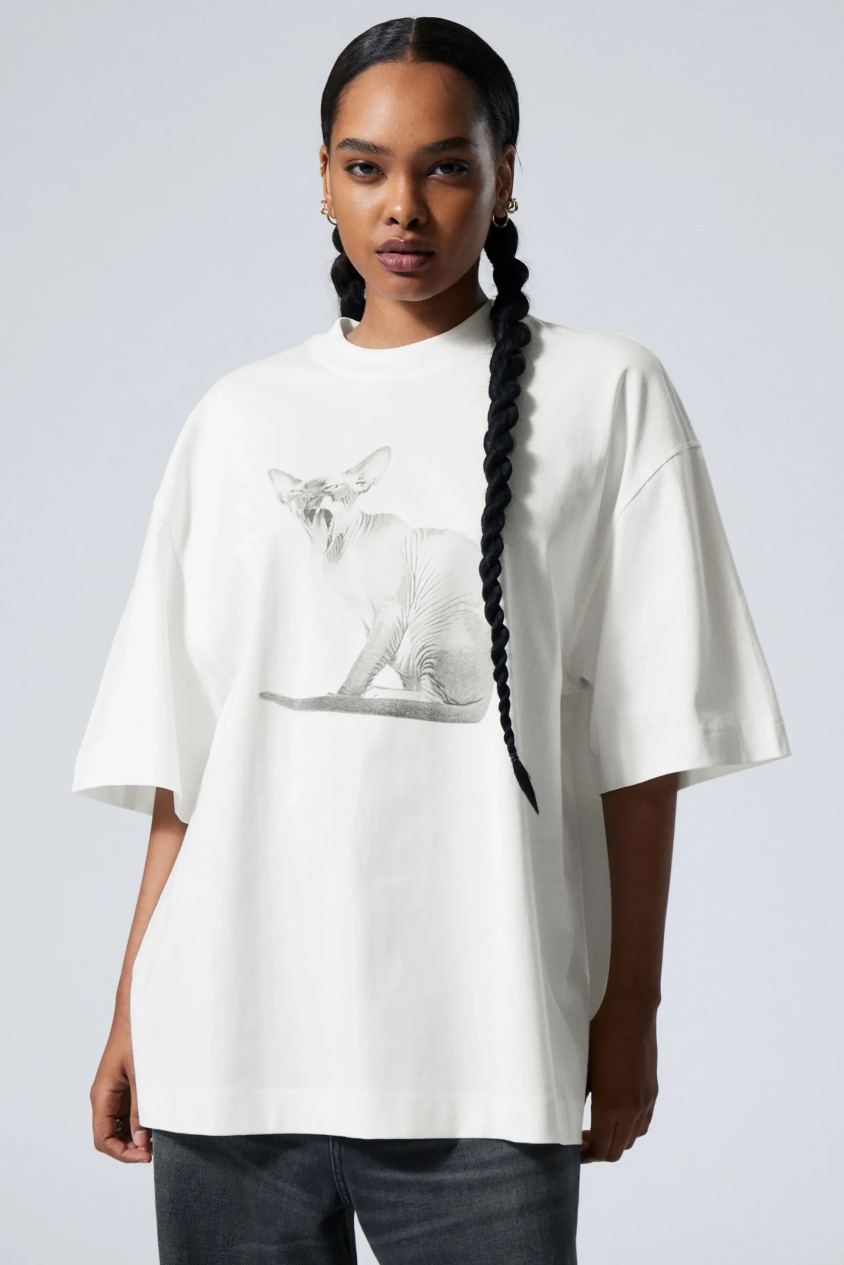Weekday WIDE OVERSIZED PRINTED T-SHIRT white sphynx cat Discount